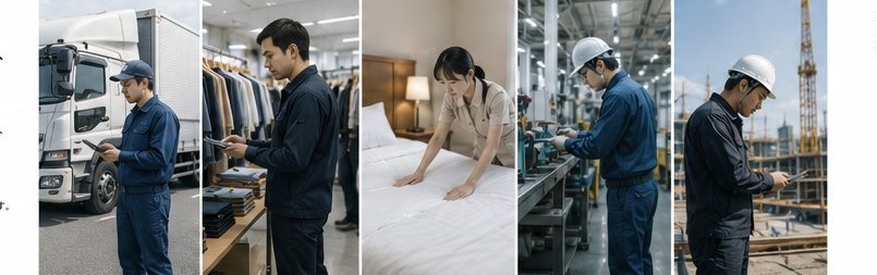 物流、アパレル、宿泊、製造、建設の現場で働く人々
