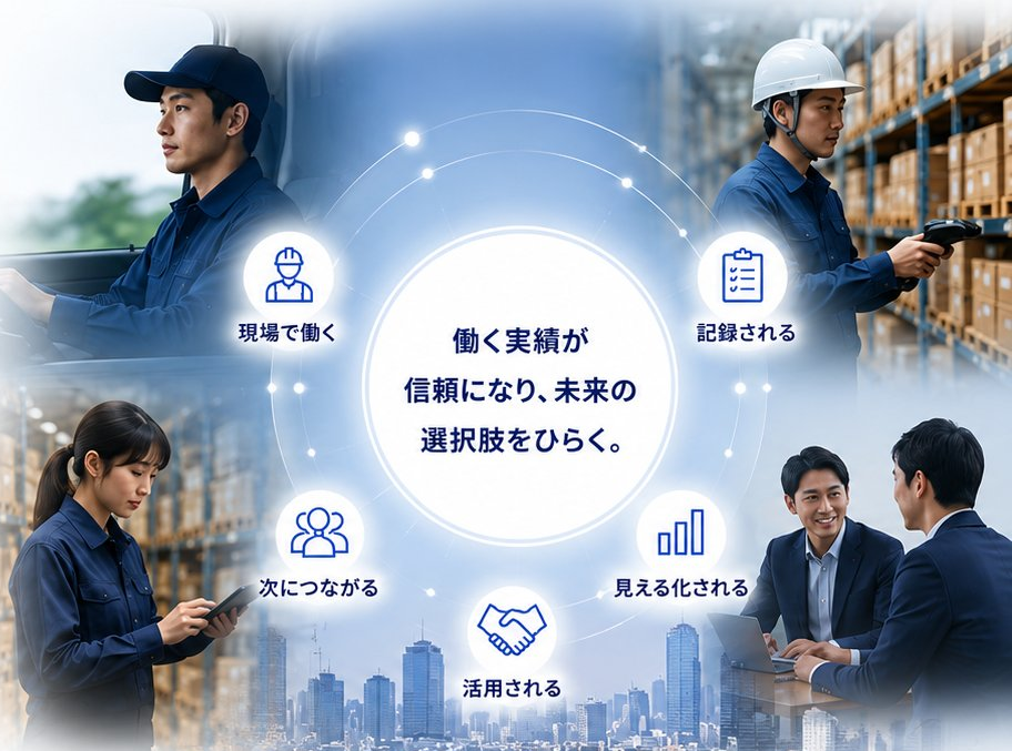 働く実績が信頼になり、未来の選択肢をひらく価値の循環図。現場で働く、記録される、見える化される、活用される、次につながる。