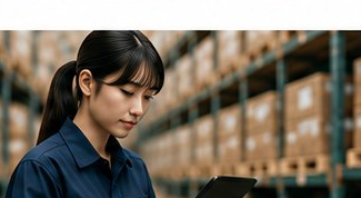 タブレットで在庫を確認する倉庫スタッフ