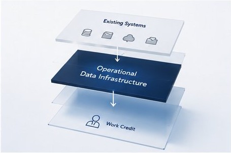 Existing Systems から Operational Data Infrastructure を経て Work Credit へと変換される三層構造の概念図